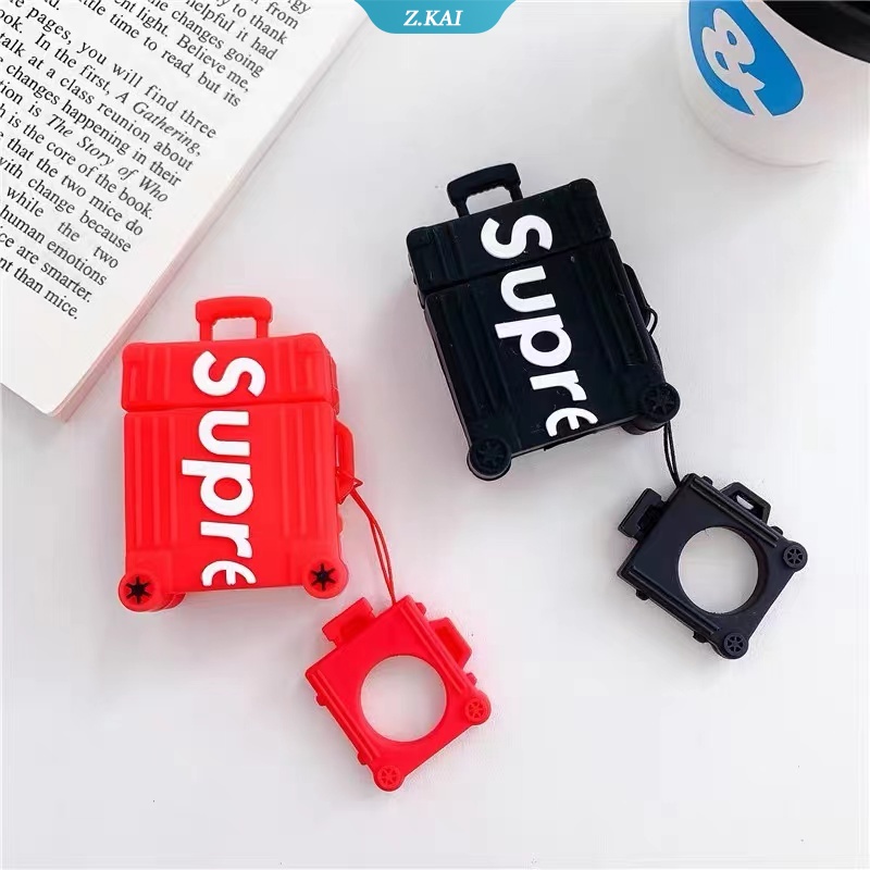 Case Silikon Bentuk Koper Desain Supreme Dengan Gantungan Kunci Untuk AirPods 1 2 3 Pro