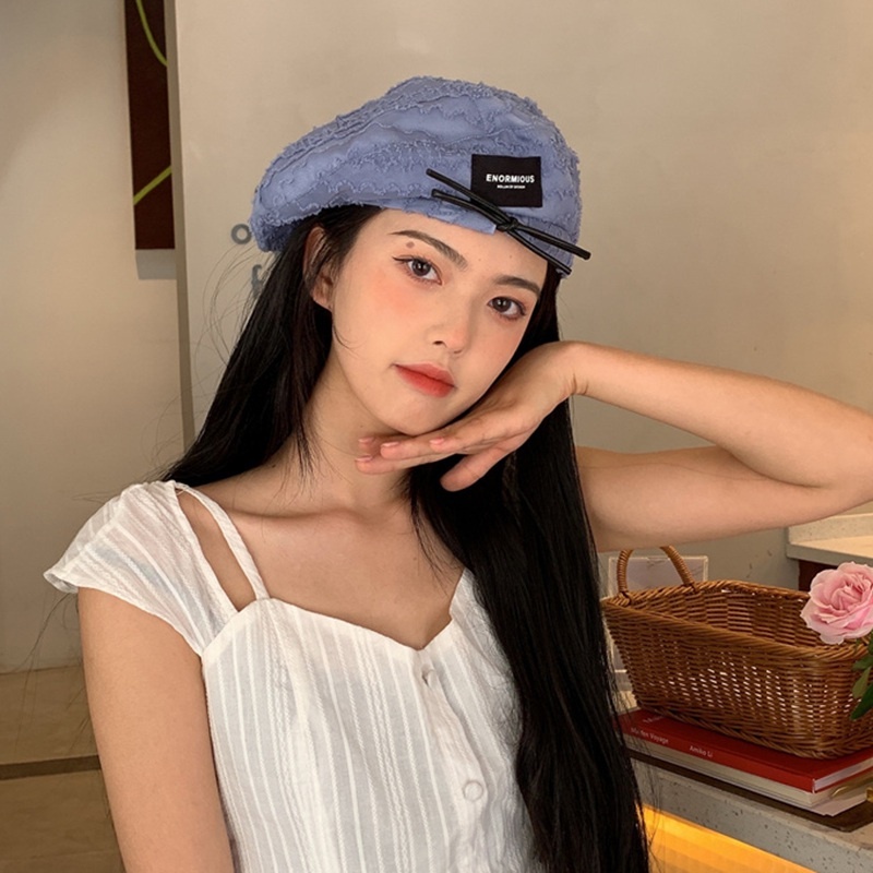 Topi Baret Pelukis Aksen Renda Label Warna Solid Gaya Korea Untuk Wanita