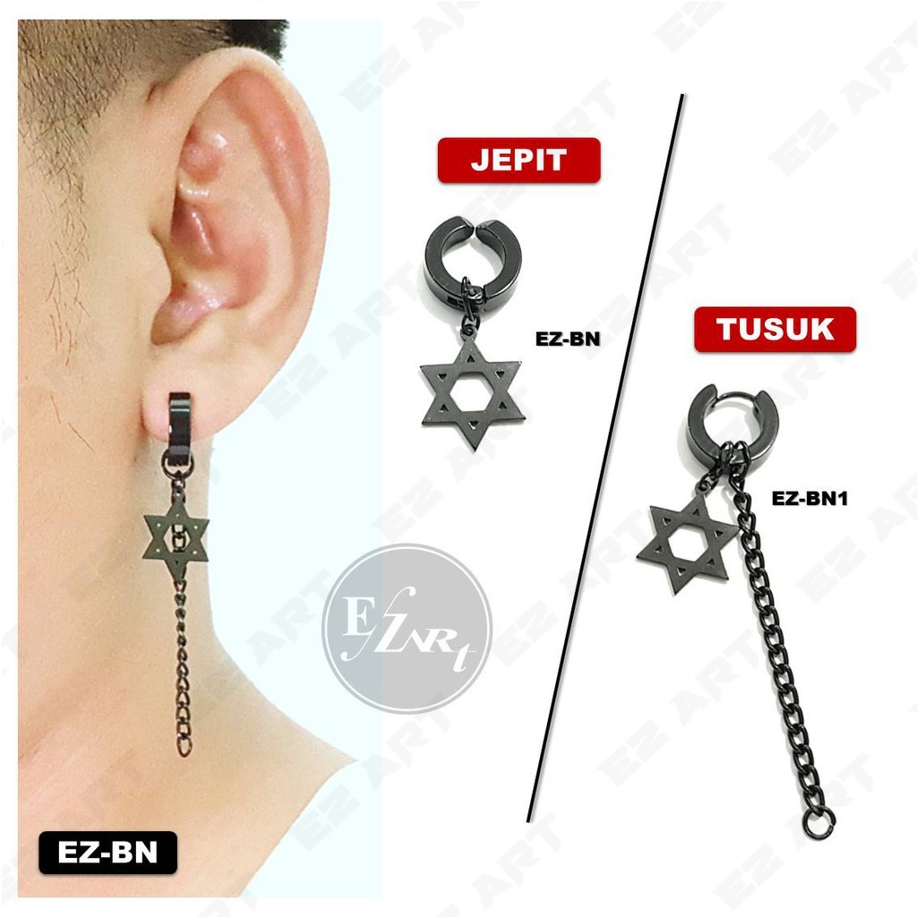 1Pc EZ-BN ANTING HITAM HEXAGRAM (HEXAGON) BLACK SPIKE STAINLESS STEEL JEPIT TUSUK PRIA WANITA PUNK