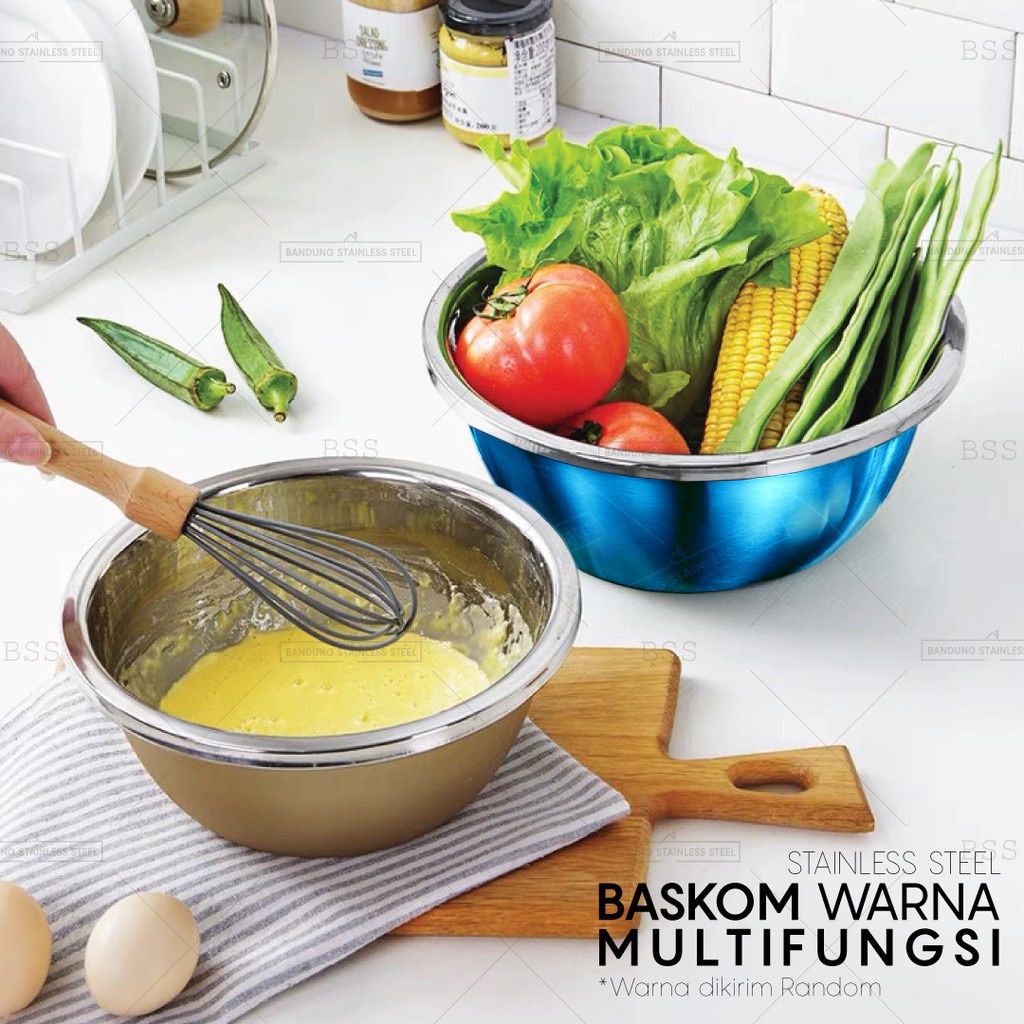Baskom Besar Warna 32cm 34cm Random Multi Fungsi Cuci Sayur Wadah Makanan Mixing Adonan Stainless