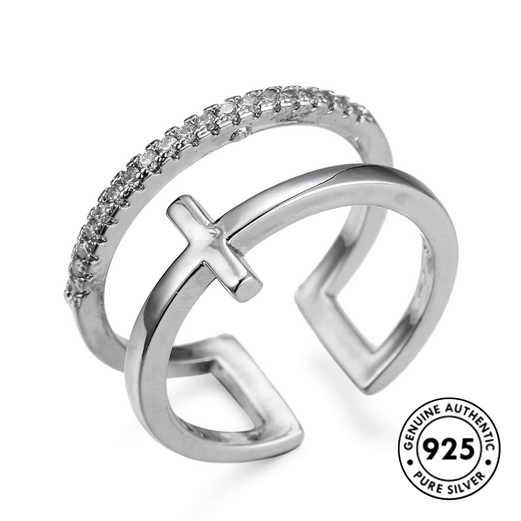 Cincin Sterling Silver 925 Desain Salib Hias Berlian Imitasi Untuk Wanita