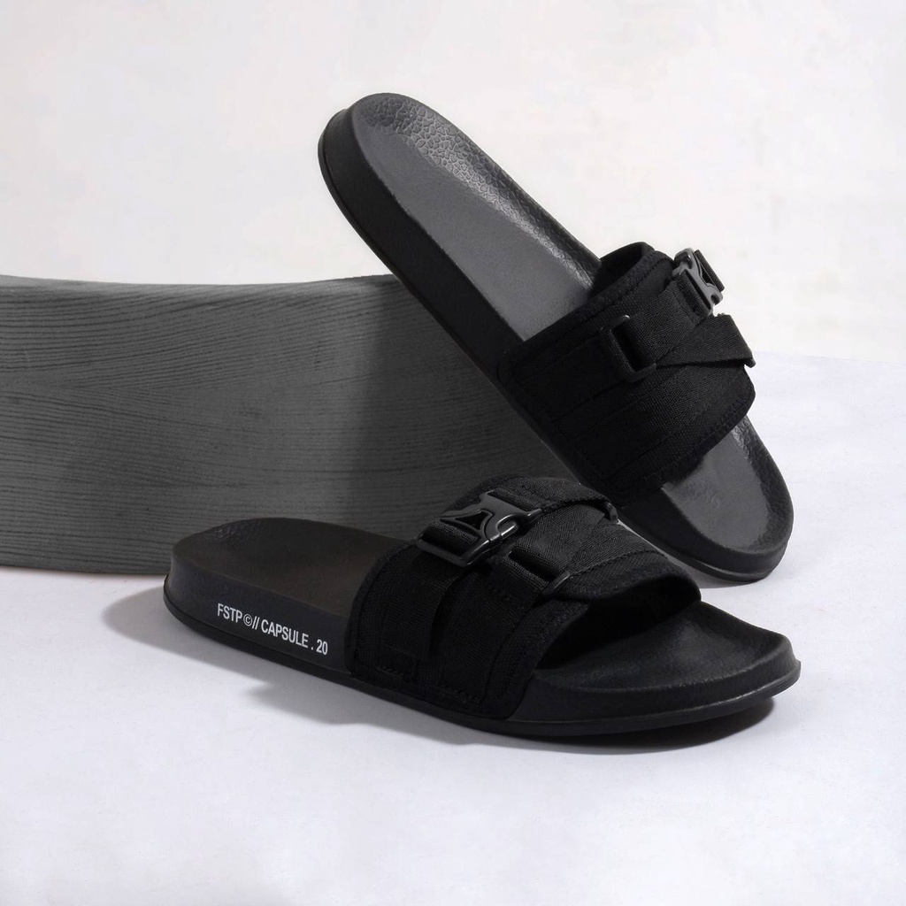 CAPSULE 0.1 ORIGINAL x FOOTSTEP Sandal Casual Full Hitam Pria Sendal Slide Jalan Santai Harian Slippers Hangout Main Kondangan Lebaran Slop Karet Premium Slip On Remaja Dewasa Flip Flop Kerja Formal Sport Fashion Footwear Keren Terbaru Kekinian Branded