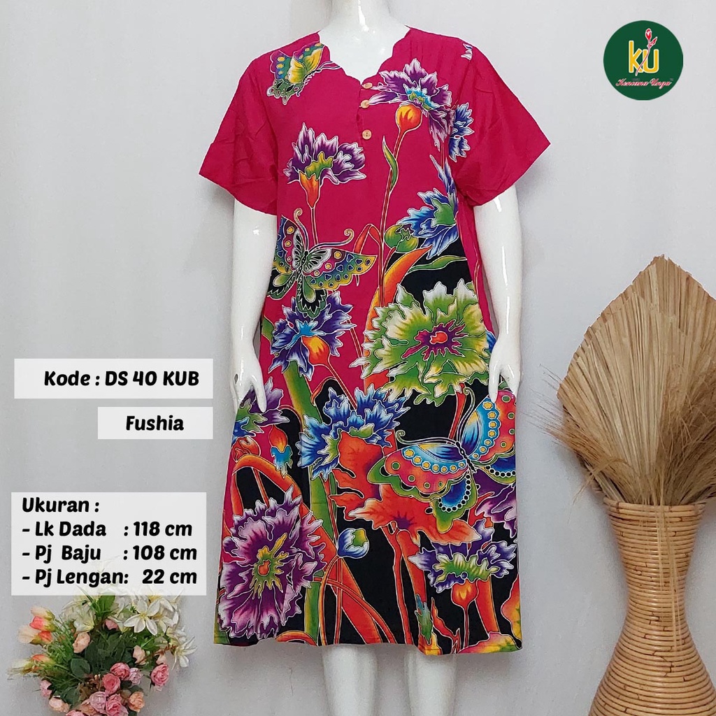 COD DS40 KUB | Daster Batik Kencana Ungu Asli Label Biru Ukuran Jumbo | Baju Santai Tidur Wanita Dewasa Kancing Depan Busui Friendly Motif Terbaru-Fushia A