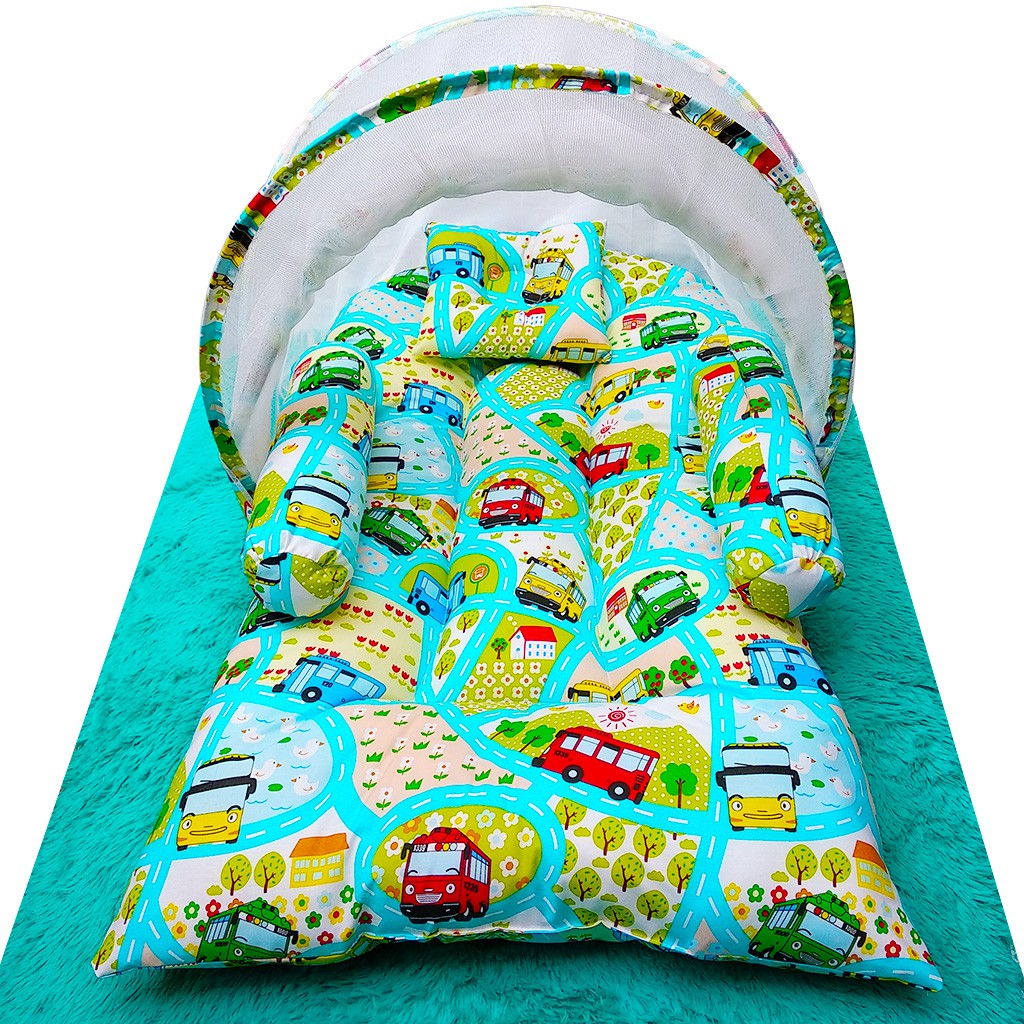 Tempat Tidur Bayi Motif Tayo / Kasur Bayi Lipat Kelambu / Perlengkapan Bayi Baru Lahir Set