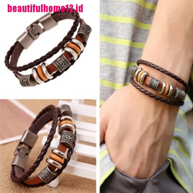 Gelang Handmade Bahan Kulit Warna Coklat Gaya Retro Punk Untuk Pria