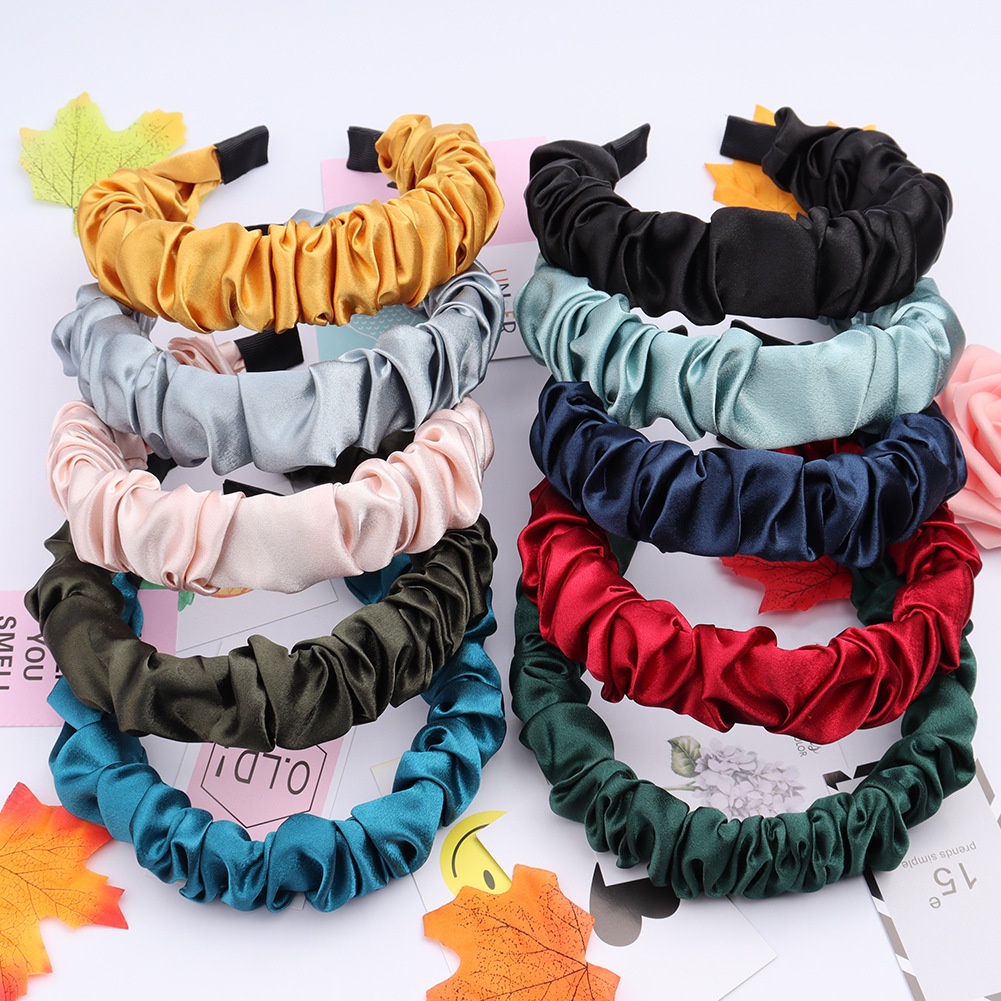 ZBH Bando Scrunchie Serut Satin Besar Korea Headband Ruffle Bandana Polos Wanita Bando Kain Scrunchie Fashion