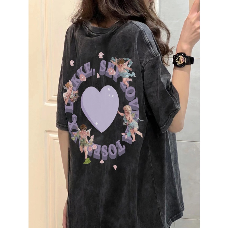 Vintage T-shirt Hitam Washed Oversize Kaos Lengan Pendek Baju Wanita Korean Style