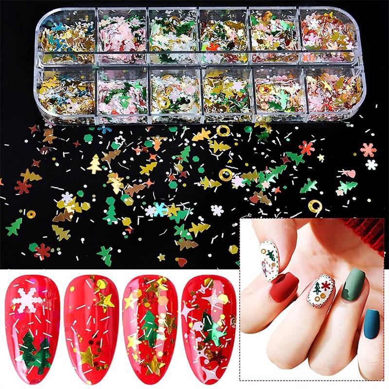 12 Grid Stiker Payet Desain Snowflake Natal Untuk Dekorasi Nail Art