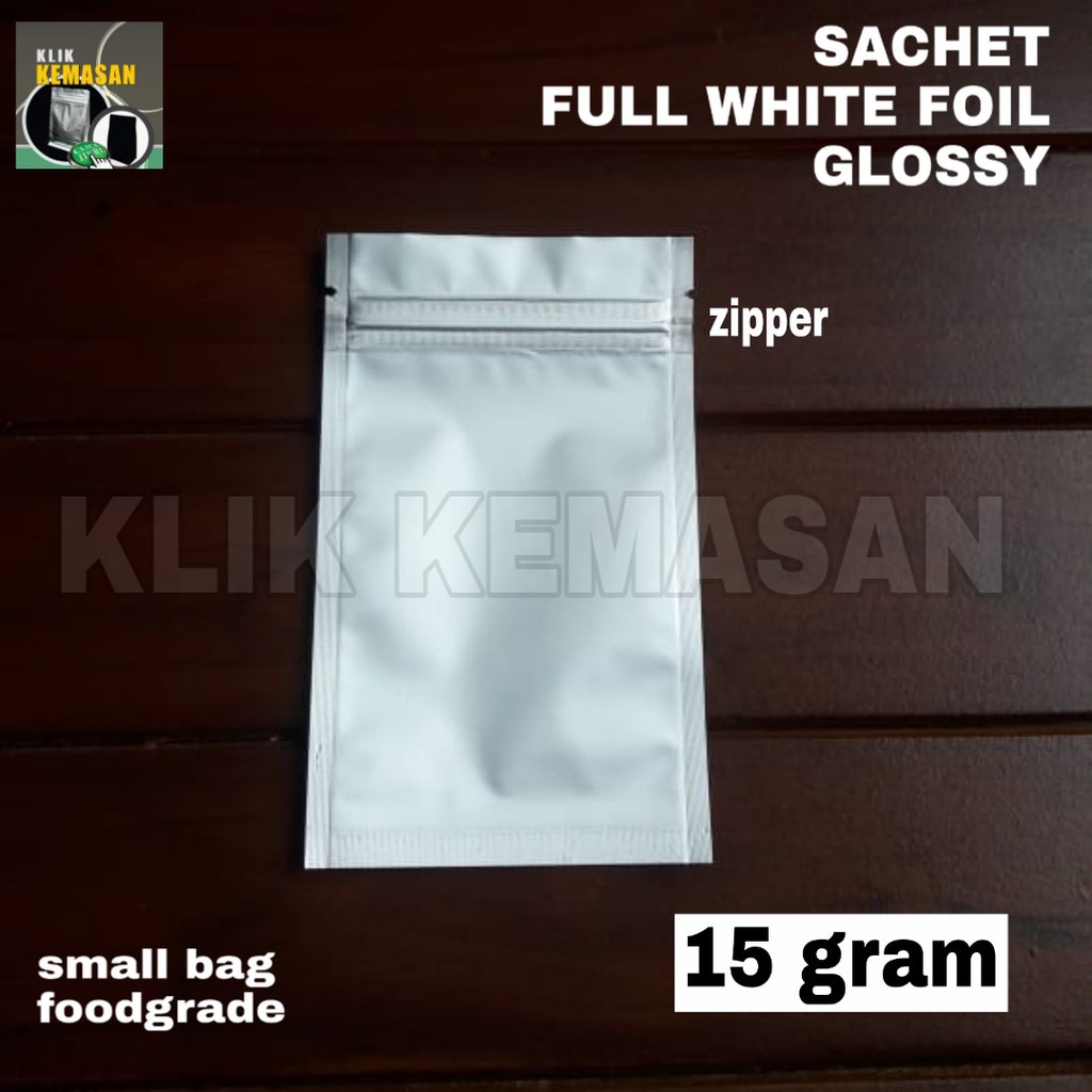 SACHET WHITE FOIL 15 GRAM WITH ZIPPER GLOSSY