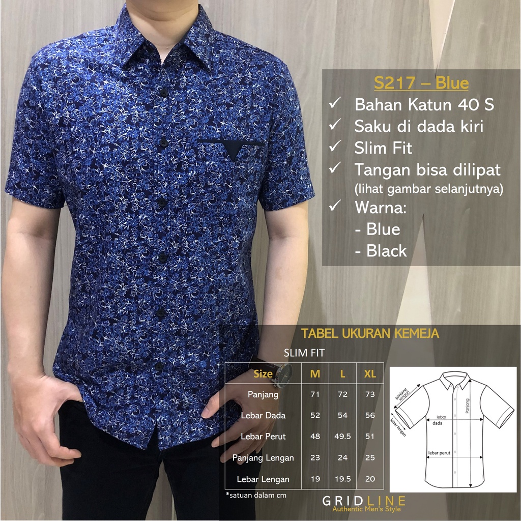 [GRIDLINE - S217 Blue &amp; Black] Kemeja Print Pria Katun Lengan Pendek Slimfit Simpel Modern M-XXL