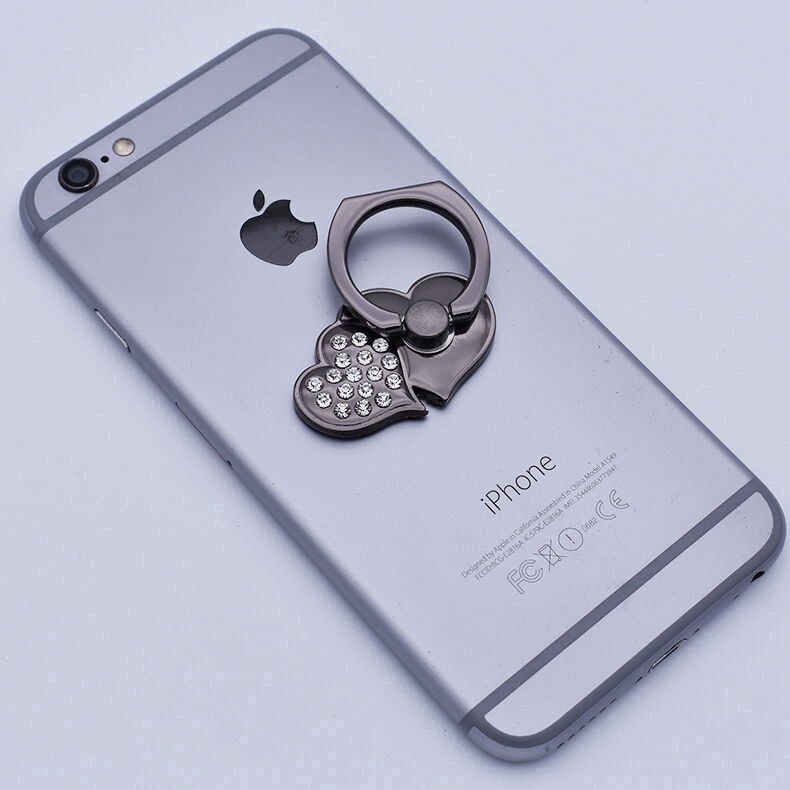 Heart-shaped Diamond Double Love Metal Ring Buckle with Diamond Back Stick Phone Stand