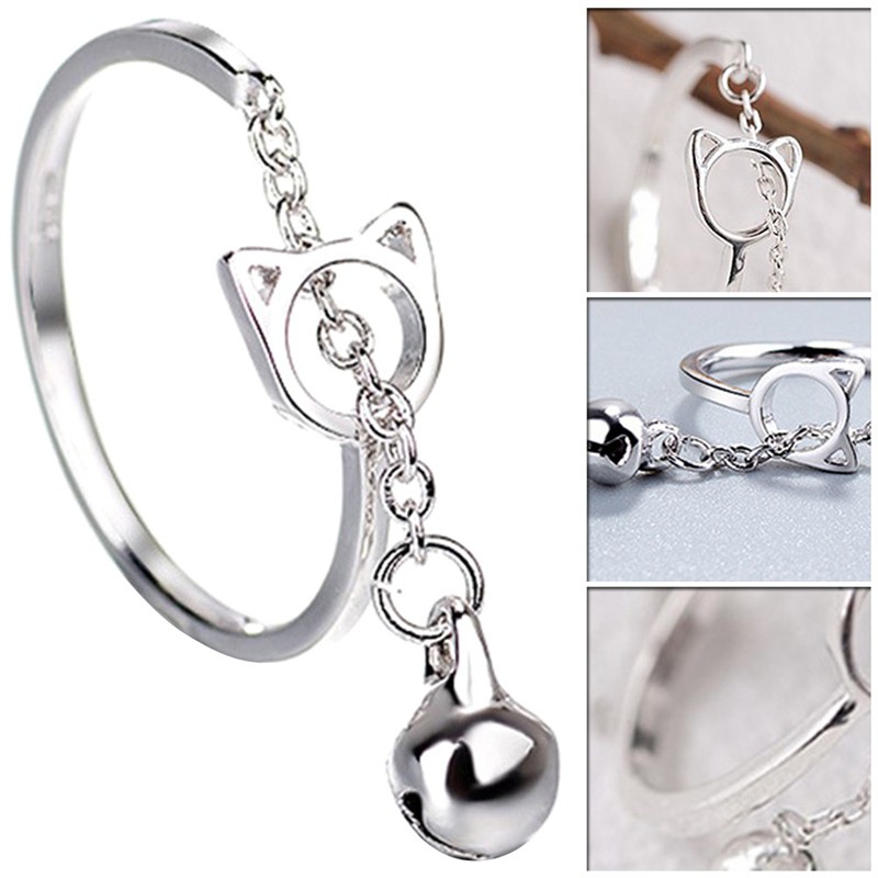 Mode Terkini Perak Tembaga Hollow Kucing Cincin Terbuka dengan Liontin Lonceng Rantai Pesona untuk