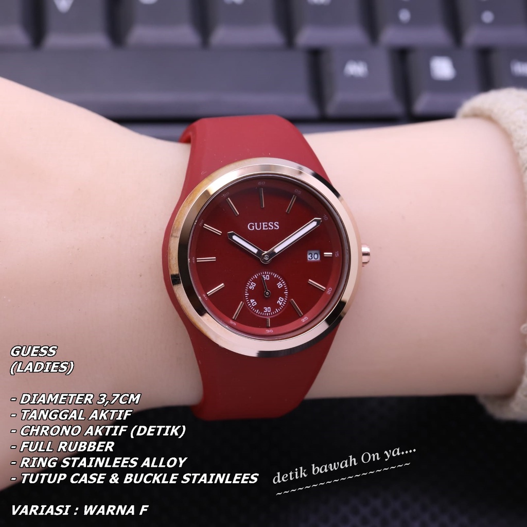 JAM TANGAN WANITA GUESS FULL RUBBER BODY BULAT TANGGAL &amp; CHRONO ON