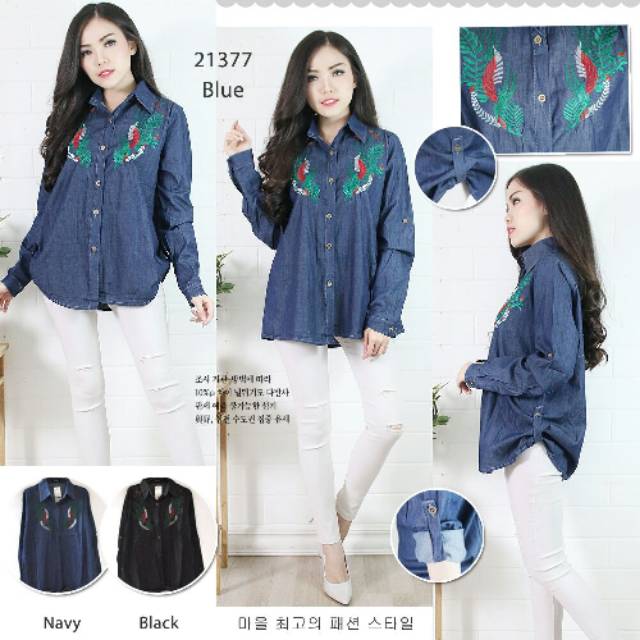 Kemeja Bordir Wanita Katun Denim Import Daun | hem wanita lengan panjang