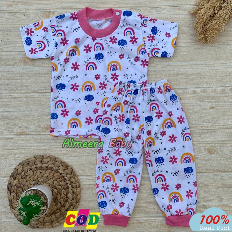 Setelan Baju Bayi Setelan Piyama Bayi Lengan Pendek Celana Panjang Motif Bunga Usia 3-12 Bulan Almeera Baby and Kids