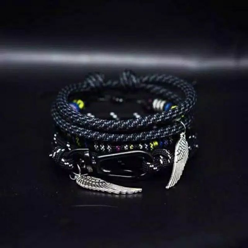 Gelang Tali Prusik Kewkew Hitam Bandul Sayap/Gelang Pria/Gelang Keren