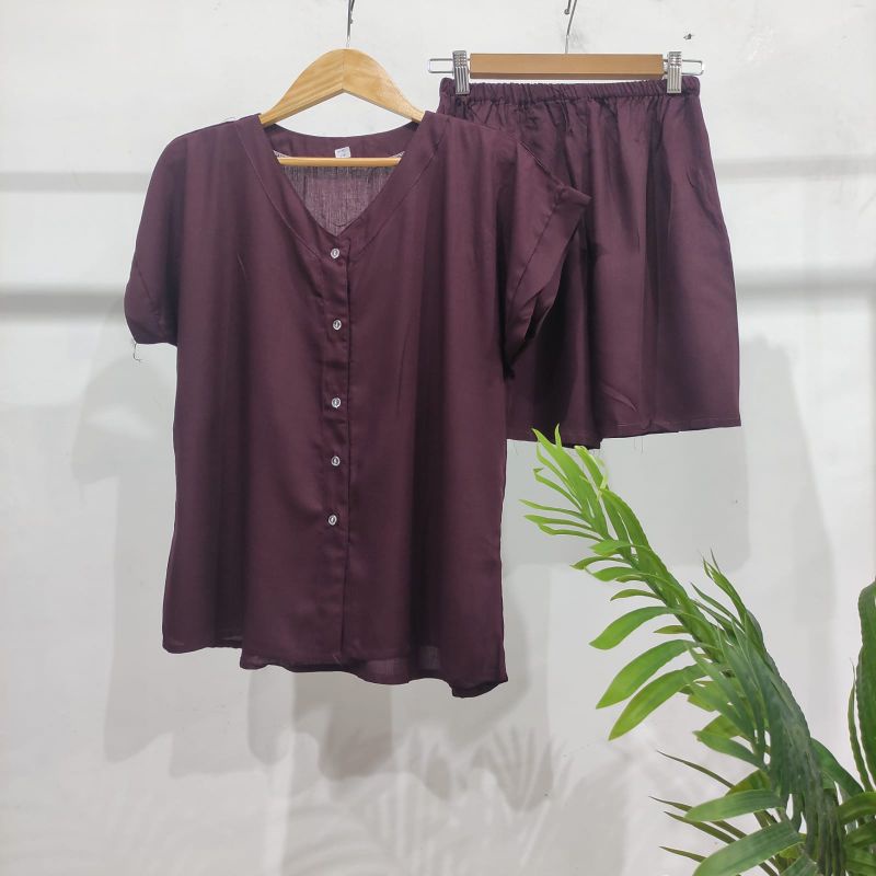 PIYAMA KANCING PENDEK | PIYAMA RAYON | BAJU TIDUR RAYON-VN BLACK MAROON