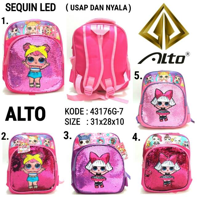 TAS SEKOLAH RANSEL BACKPACK ANAK CEWE TK ALTO 43176G-7 TAS SEQUIN LED USAP DAN LAMPU MURAH A