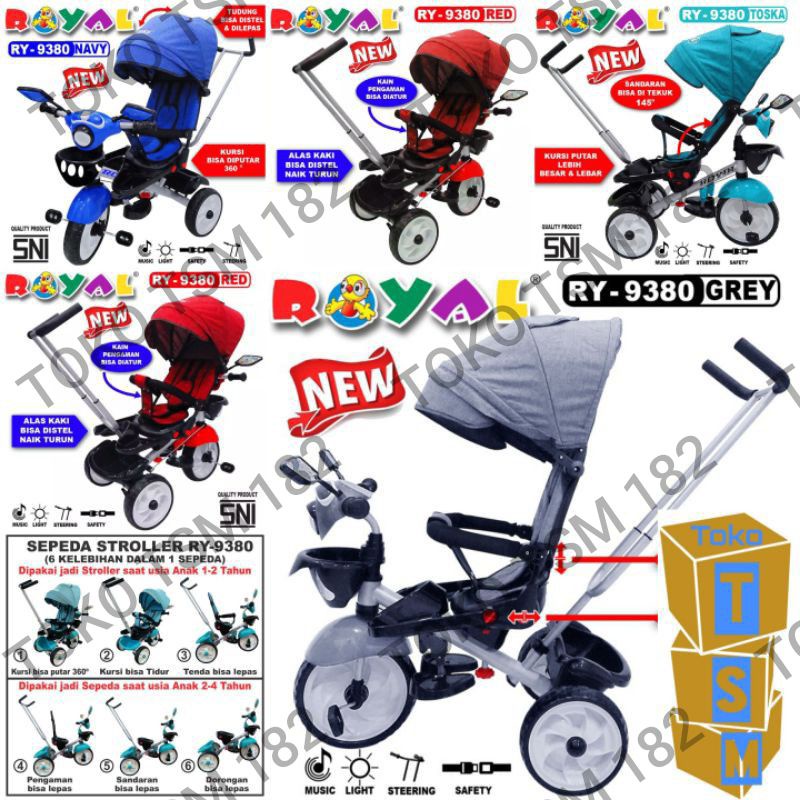 Sepeda Roda tiga Royal 9380 dan 9680 musik sepeda stroller baby bisa REBAHAN