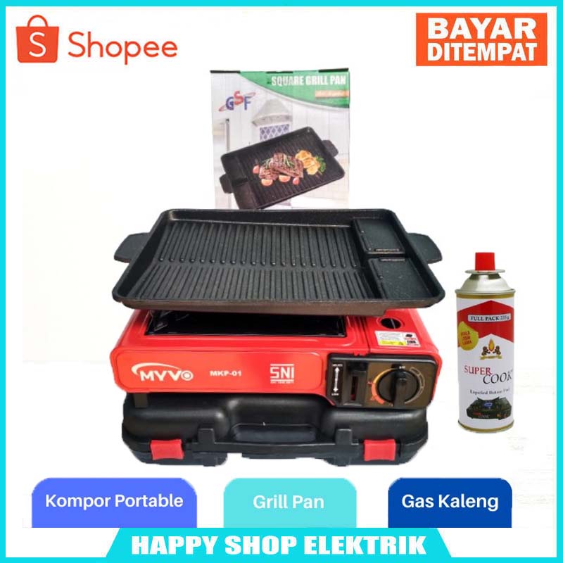 Kompor Gas Portable MYVO + Grill Pan + Gas Kaleng+GRILL BBQ KOTAK
