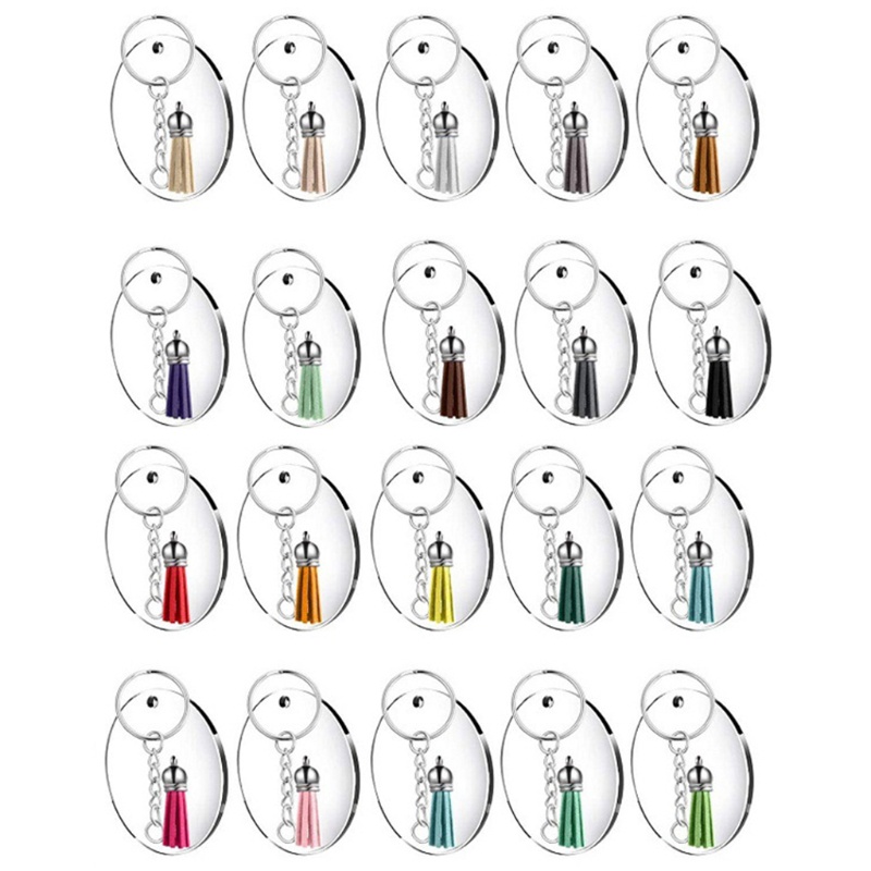 SIY  48 Pcs Acrylic Keychain Blanks with Key Rings Round Clear Discs Circles Colorful Tassel Pendant Jump Rings for DIY Projects Crafts