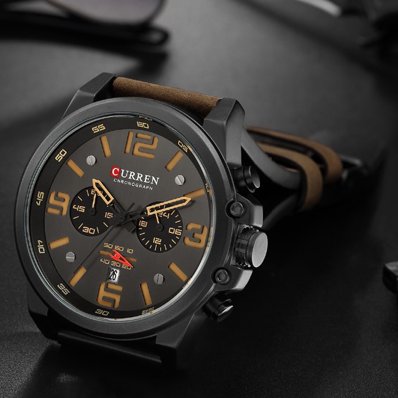 CURREN 8314 Jam Tangan Pria Analog Tali Kulit Chronograph Aktif Pria Militer Tahan Air Jam Kuarsa