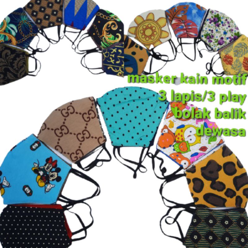 masker kain motif 3lapis/3play,Aerloop,karet kuping,cantolan