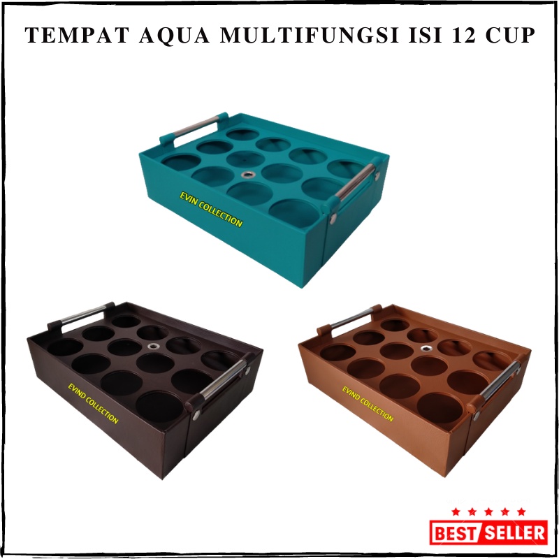 Tempat Aqua Gelas Multifungsi 2 In 1 Isi 12 Cup Keranjang Air Mineral Gelas Kulit Sintetis