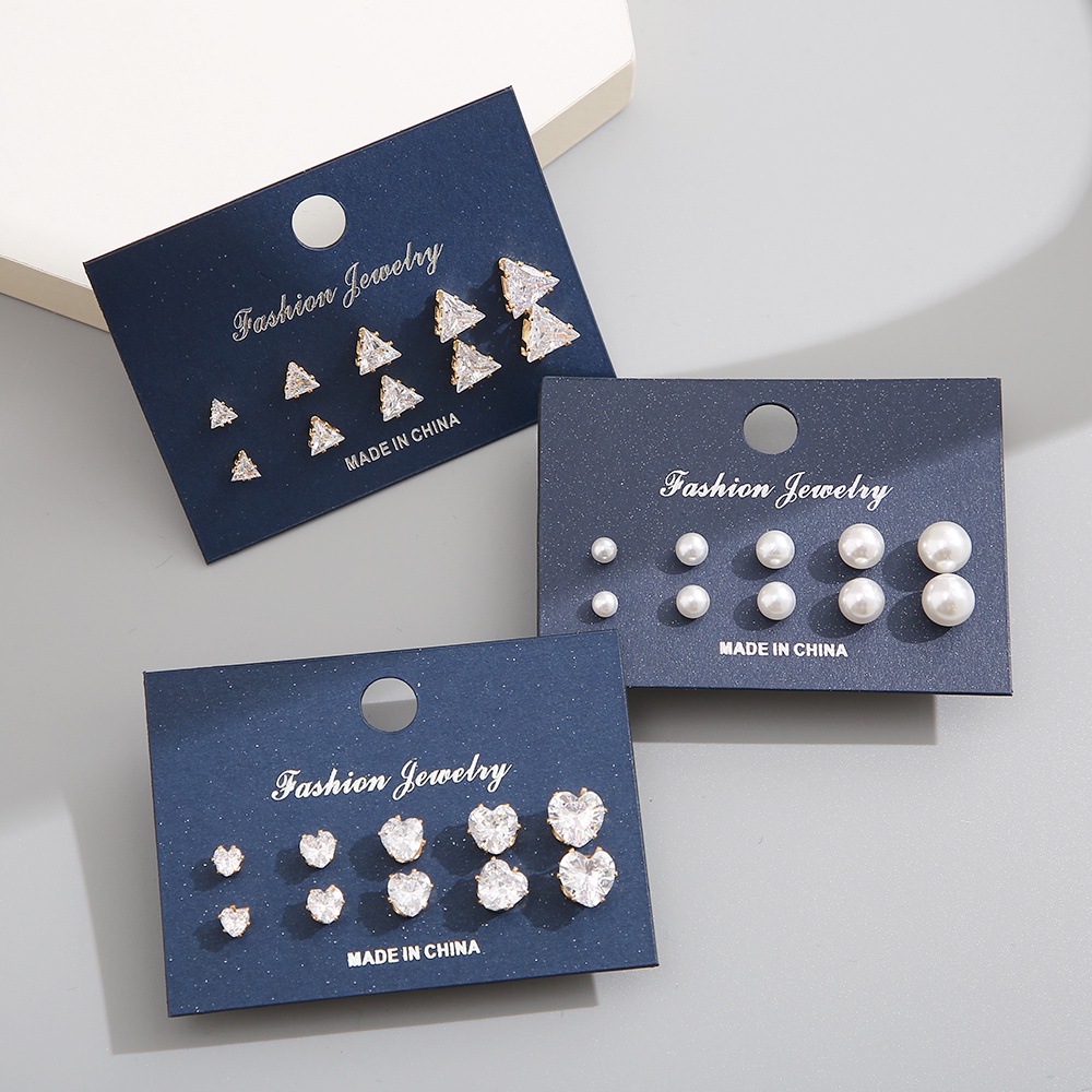AY(CN) 15 Pasang / Set Anting Stud Kristal Mutiara Bentuk Segitiga Persegi Hati Untuk Aksesoris Perhiasan Wanita