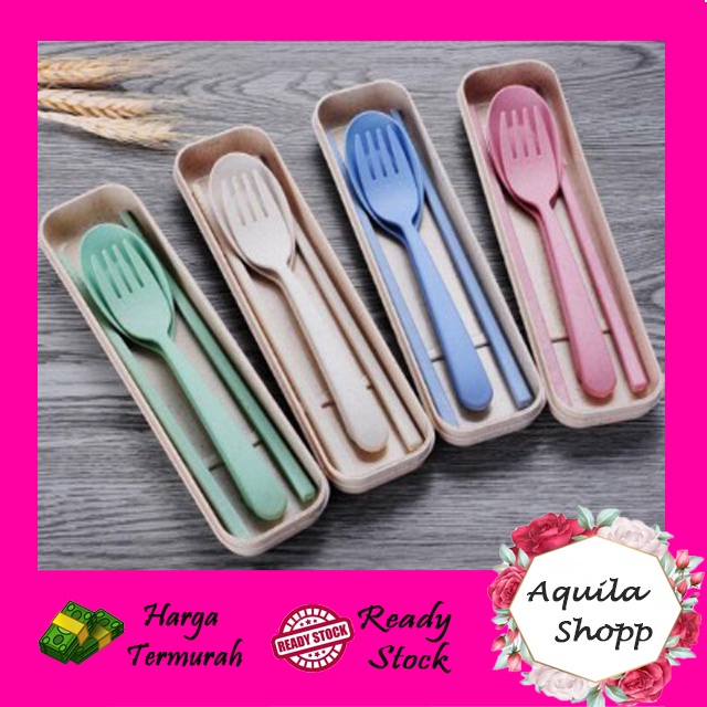 Set Alat Makan 3 in 1 Serat Gandum / Travel Wheat Cutlery Set 3 in 1 / Sendok Garpu Sumpit Set Jerami