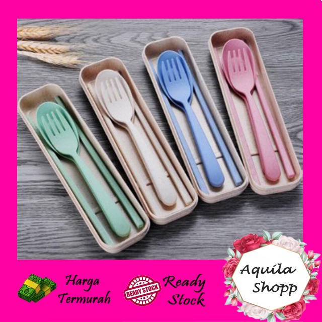 Set Alat Makan 3 in 1 Serat Gandum / Travel Wheat Cutlery Set 3 in 1 / Sendok Garpu Sumpit Set Jerami