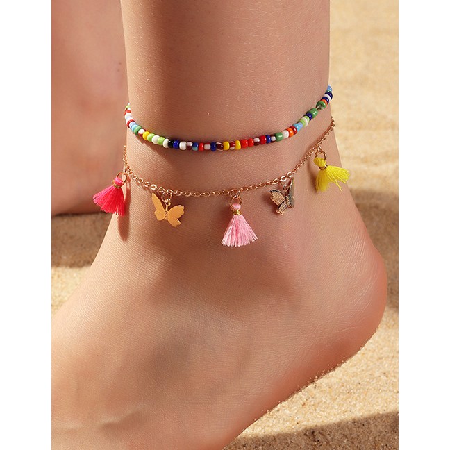 LRC Gelang Kaki Fashion Color Mixing Rice Beads Tassel Butterfly Alloy K45824