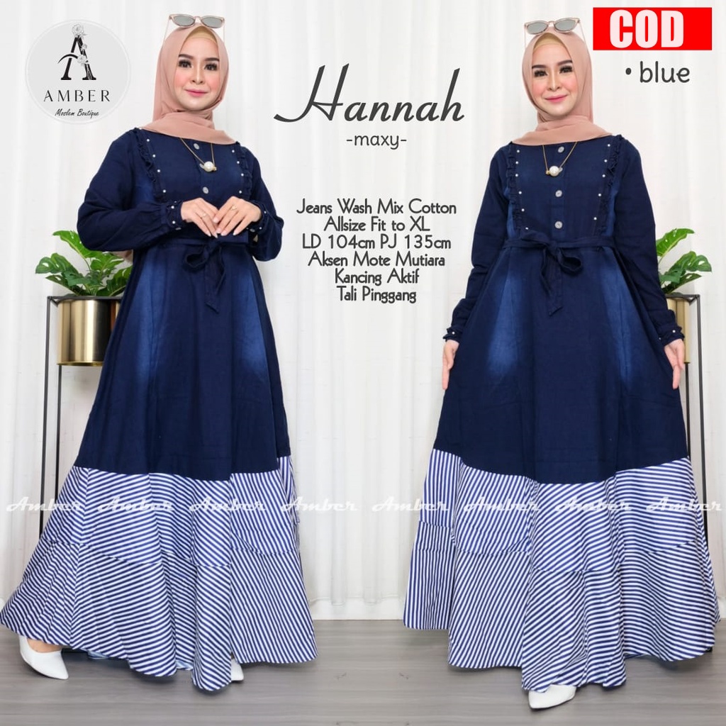 HANNAH MAXY Gamis Busui Wanita Terbaru Bahan Jeans Wash Mix Cotton Motif Salur Aksen Mote Mutiara