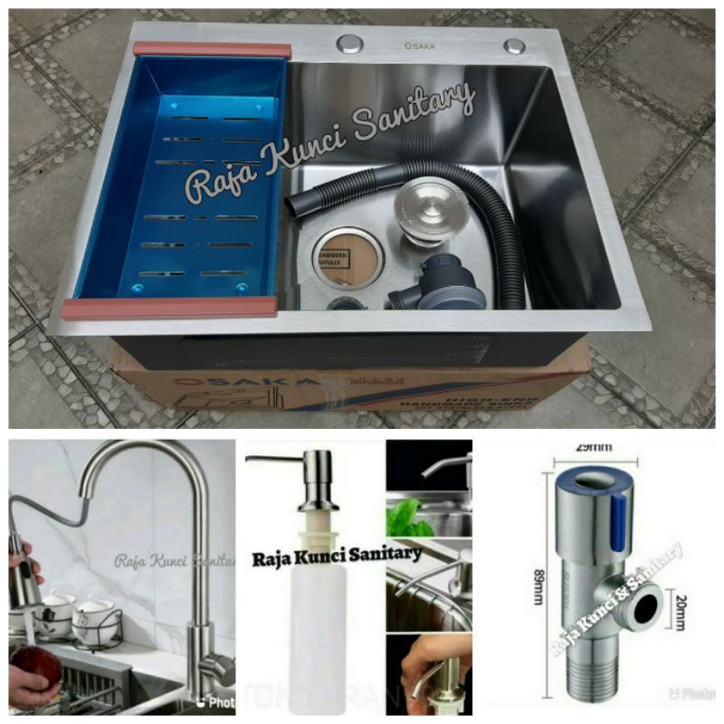 Paket Lengkap Kitchen Sink 6046+Kran Tarik Panas Dingin Stainless SUS 304+Tempat Sabun+Stop Kran