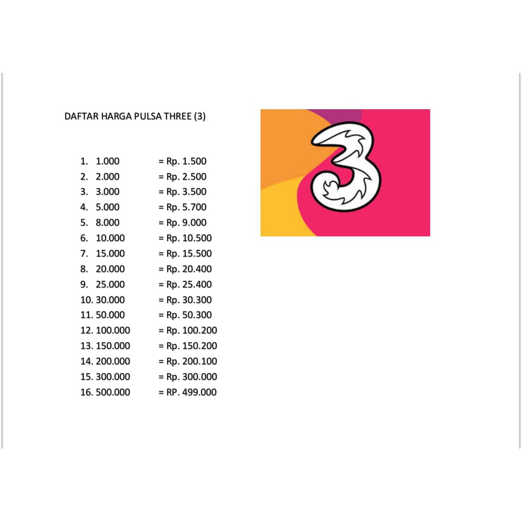 PULSA THREE Rp. 1.000 - Rp. 10.000