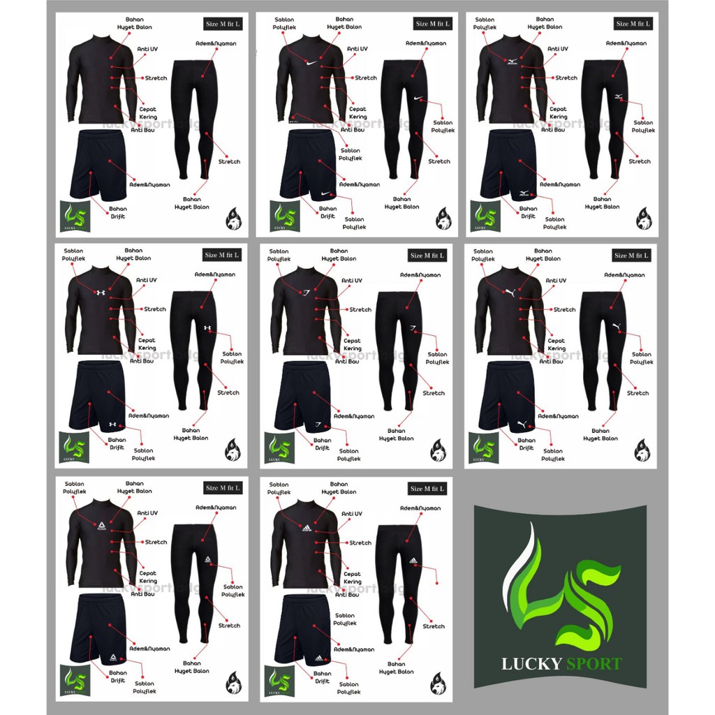 Paket Baselayer Manset Baju Panjang Celana Pendek Olahraga Running Dan Leging panjang Baselayer ftsl