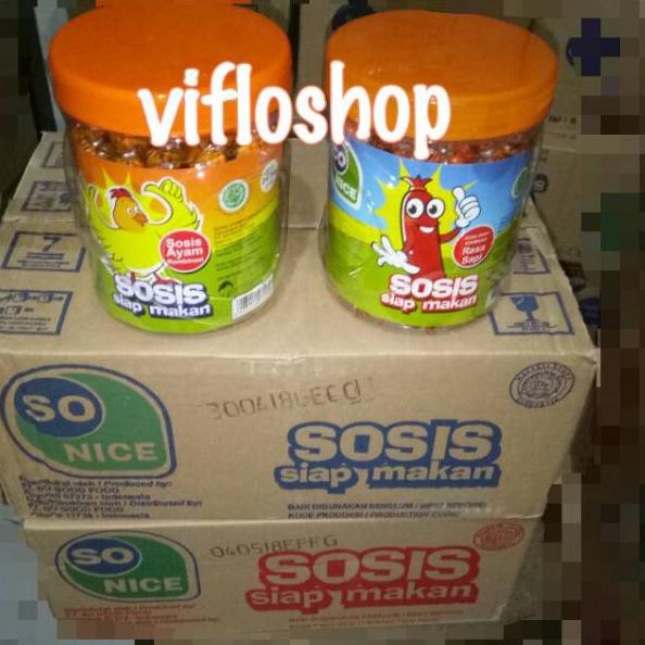 

BELI BOSKYU Kardusan & Eceran Sosis So Nice Siap Makan (Ayam / Sapi) Toples 24 pcs