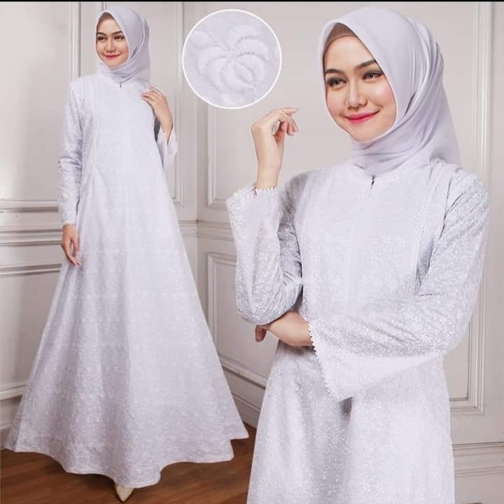 GAMIS KATUN PUTIH WANITA UMRAH DAN HAJI MOTIF MELATI / BUSANA MUSLIM WANITA