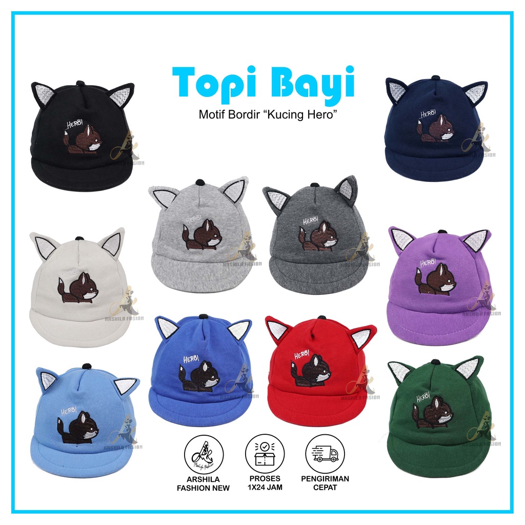 Topi Bayi Bordir Hero Kucing Laki Laki Perempuan 0-3 Tahun