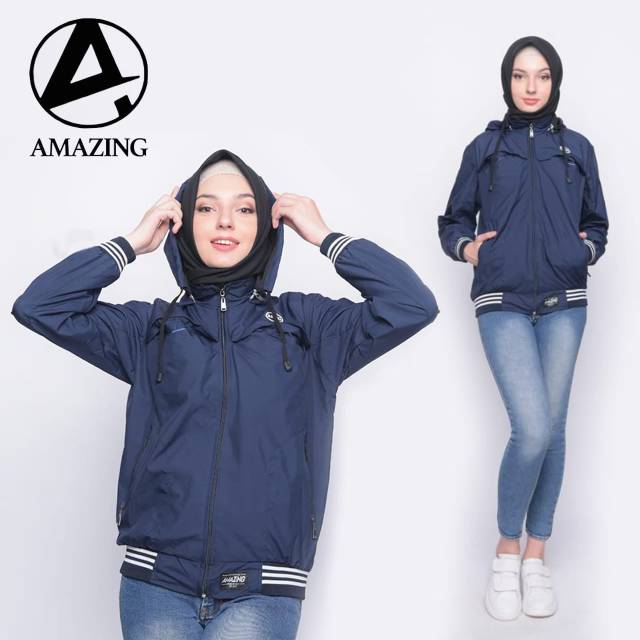 JAKET WANITA MOTIF SALUR SEMI WATERPROOF LENGKAP PAKAI HOODIE