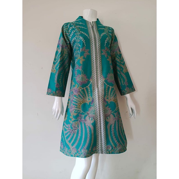 tunik batik lengan panjang warna hijau tosca cocok untuk wanita kantor