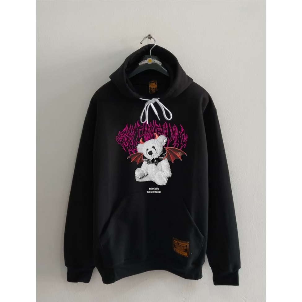 Good Morning hoodie sweater pria warna hitam art grafity pink boneka putih GMSH115