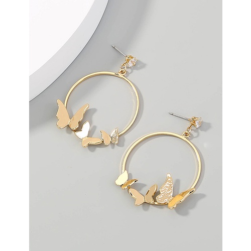 LRC Anting Tusuk Fashion Gold Color Butterfly And Diamond Round P32008