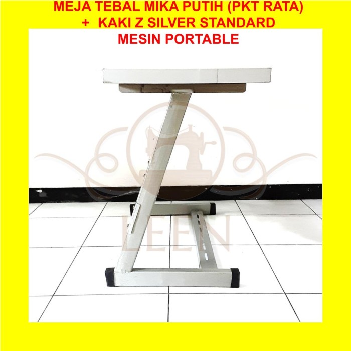 Meja TEBAL MIKA PUTIH &amp; Kaki Z Silver SET Mesin Jahit Portable LEEN