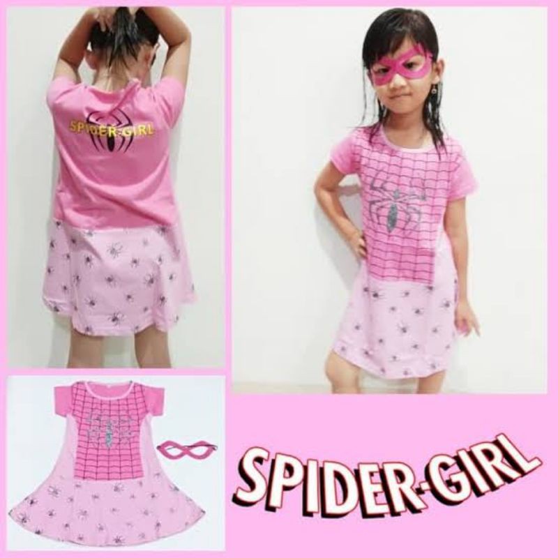 Setelan Baju Kostum Kaos Dress Spidergirl Anak Perempuan Cewek Umur 2 - 7 Tahun