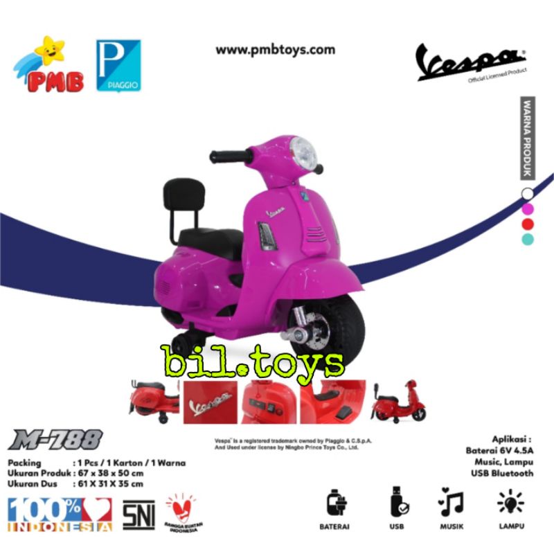 MAINAN ANAK MOTOR AKI ACCU VESPA SCOOTER VINTAGE CLASSIC PMB M788 M-788 LISENSI RESMI VESPA