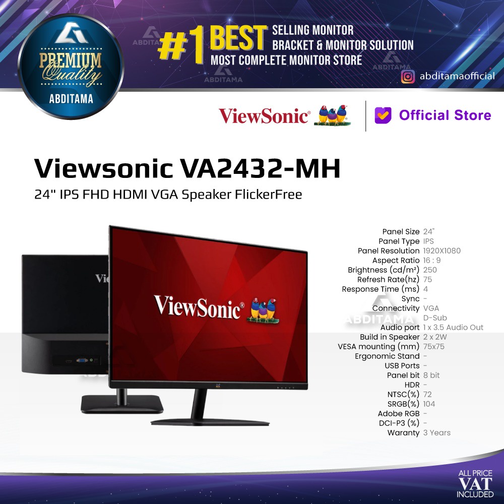 Monitor LED Viewsonic VA2432-MH 24&quot; IPS FHD HDMI VGA Speaker