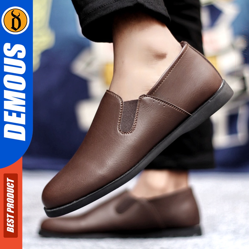 Sepatu Slip On Pria Sepatu Casual Pria Kulit Pu Kerja Kantor Kuliah Kondangan Sepatu Slop Pria Sepatu Hitam Pria DEMOUS PLOS