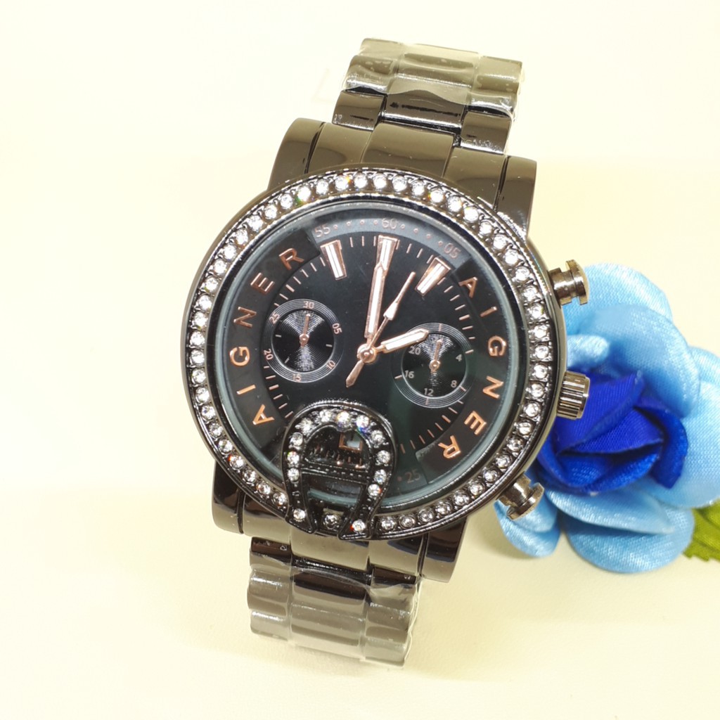 BAJ Jam Tangan Aigner Bari Diamond Chrono Rantai Stainless FULLBLACK AG003