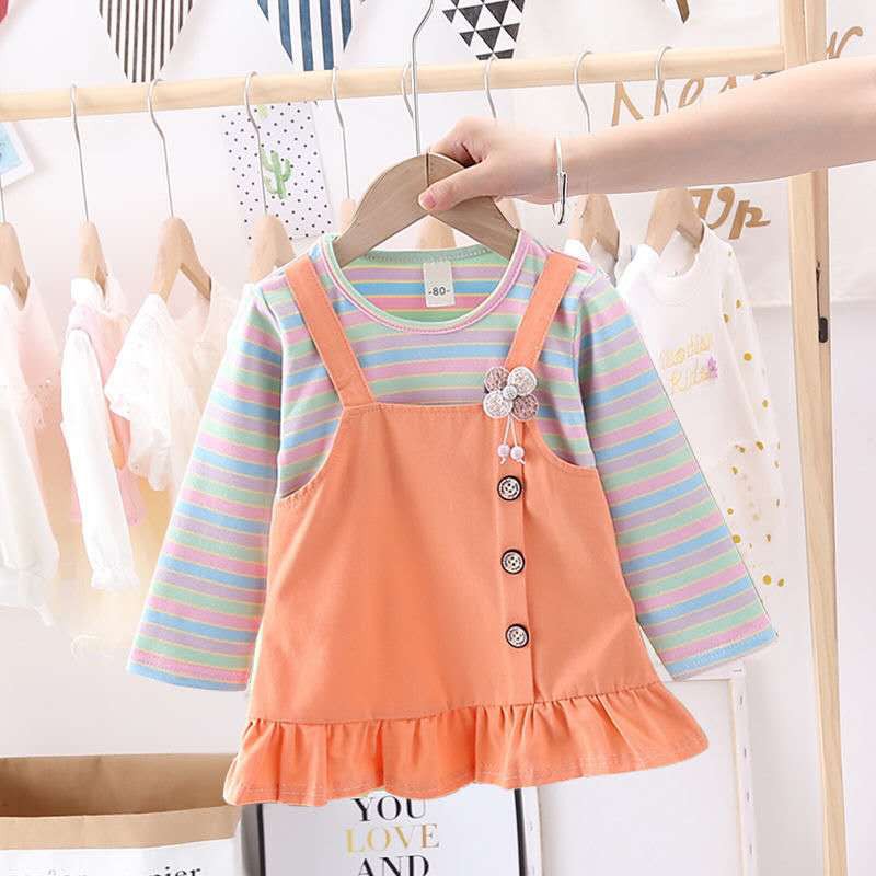 Dress anak perempuan jumpsuit / rok ruffle +lengan panjang motif garis garis gaun anak cewek lucu import-2